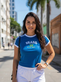 Camisa Brasil Bordada BabyLook Feminina