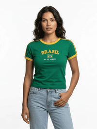 Camisa Brasil Bordada BabyLook Feminina