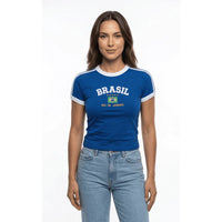 Camisa Brasil Bordada BabyLook Feminina