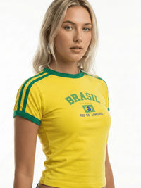 Camisa Brasil Bordada BabyLook Feminina